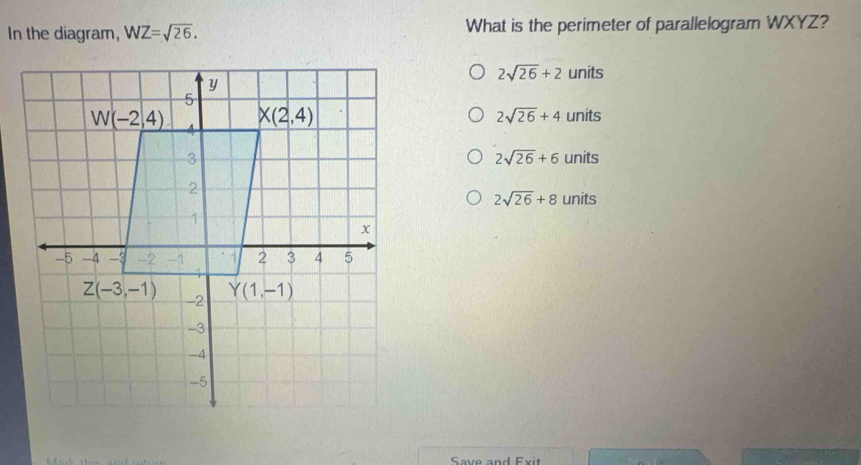 in the diagram, \\(wz = \\sqrt{26}\\). what is the perimeter of paralle…