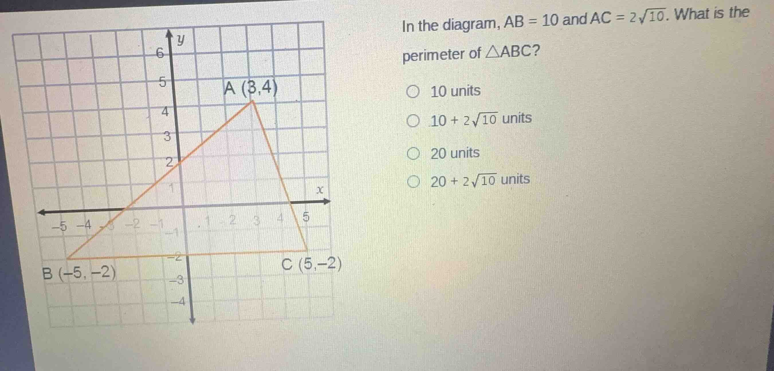 in the diagram, \\(ab = 10\\) and \\(ac = 2\\sqrt{10}\\). what is the p…