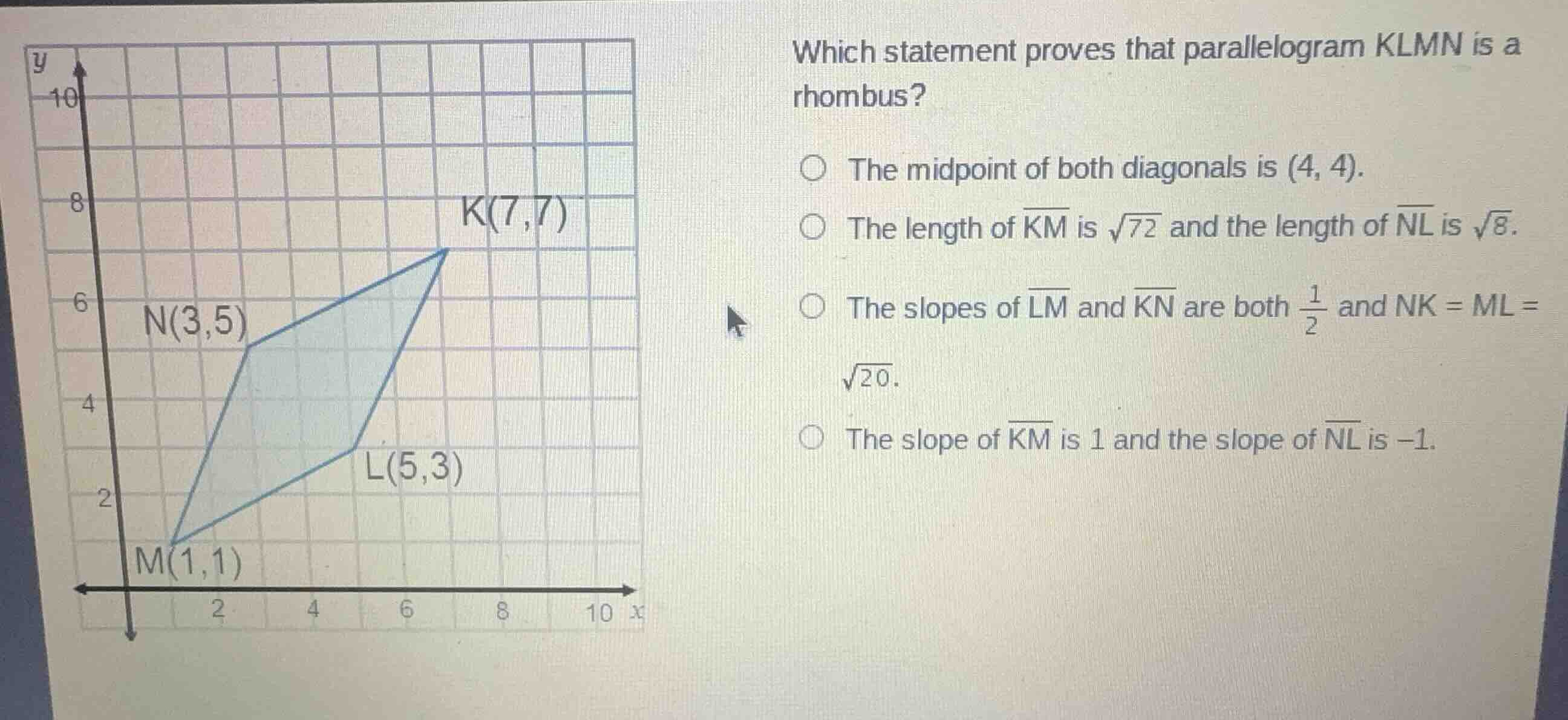 which statement proves that parallelogram klmn is a rhombus? - the midp…