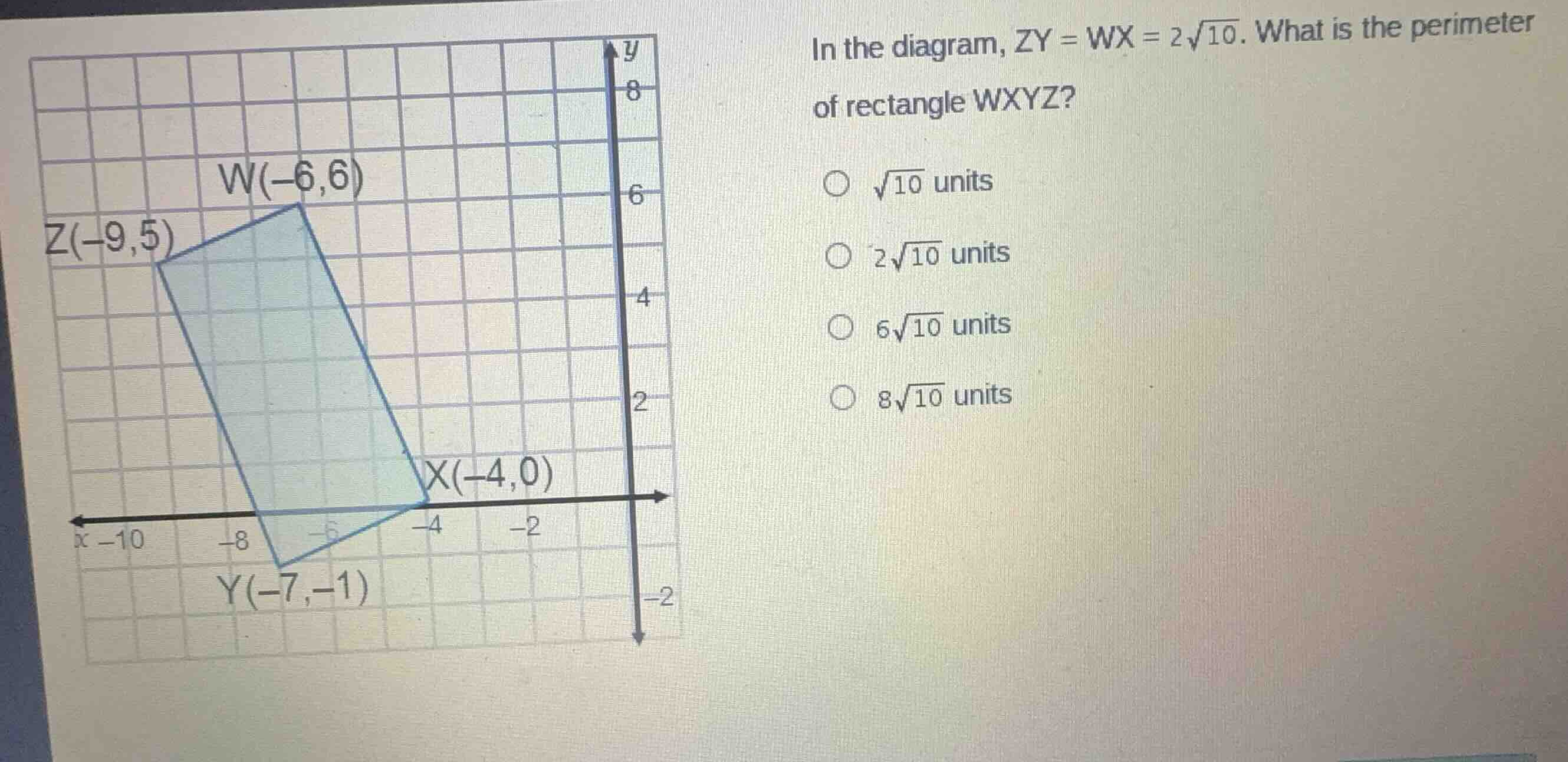 in the diagram, \\(zy = wx = 2\\sqrt{10}\\). what is the perimeter of r…