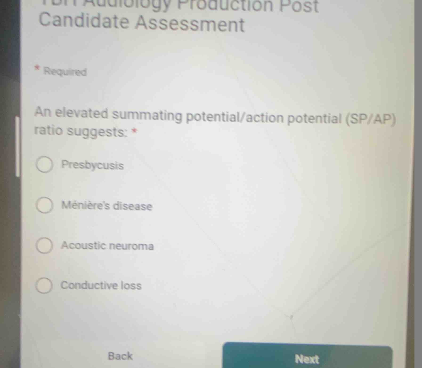 an elevated summating potential/action potential (sp/ap) ratio suggests…
