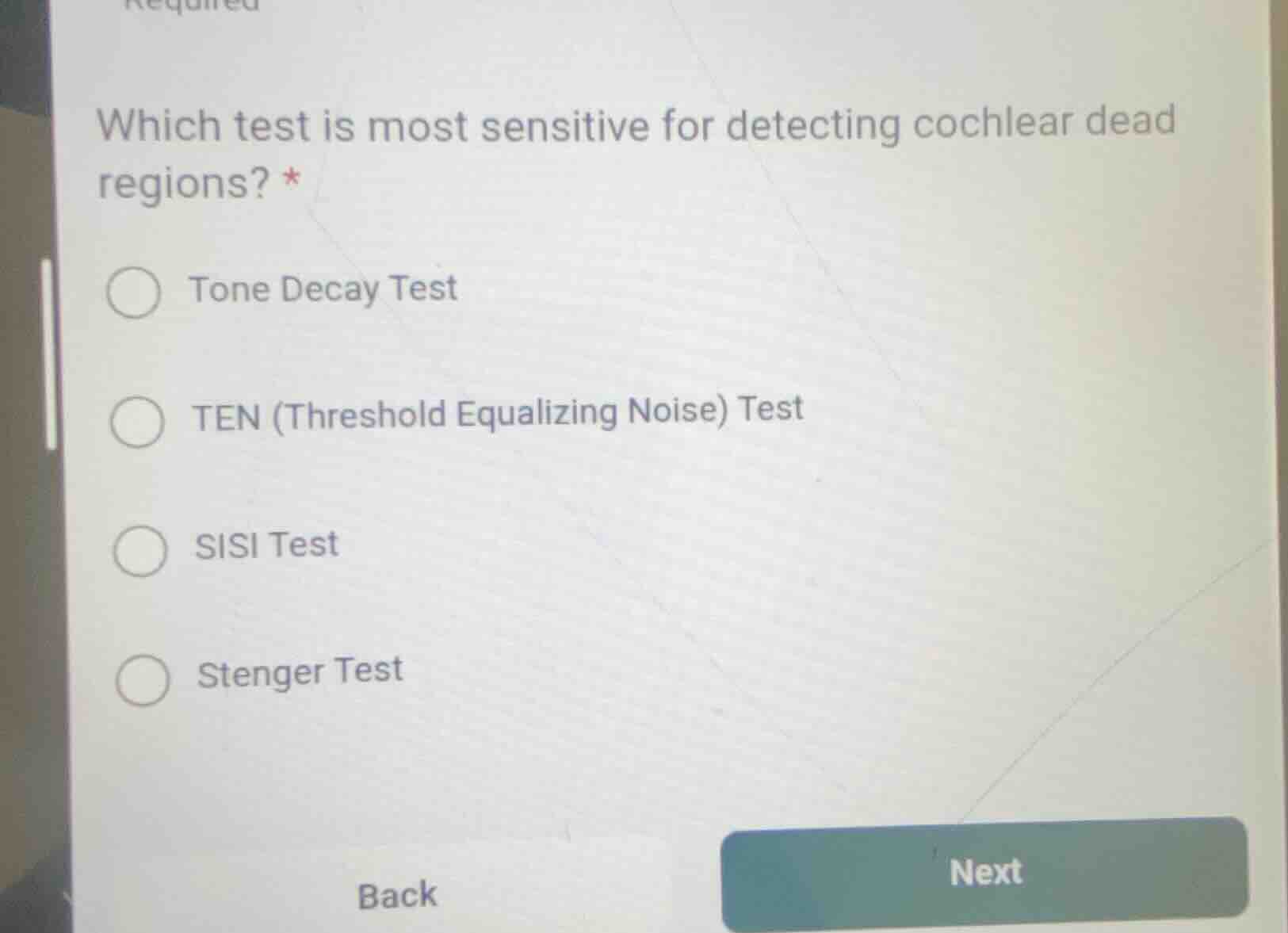 which test is most sensitive for detecting cochlear dead regions? * ton…