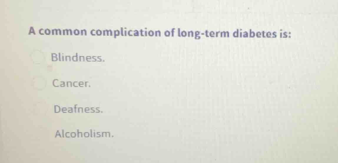 a common complication of long-term diabetes is: blindness. cancer. deaf…