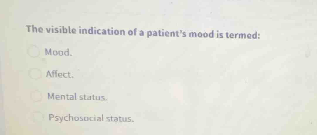 the visible indication of a patients mood is termed: mood. affect. ment…