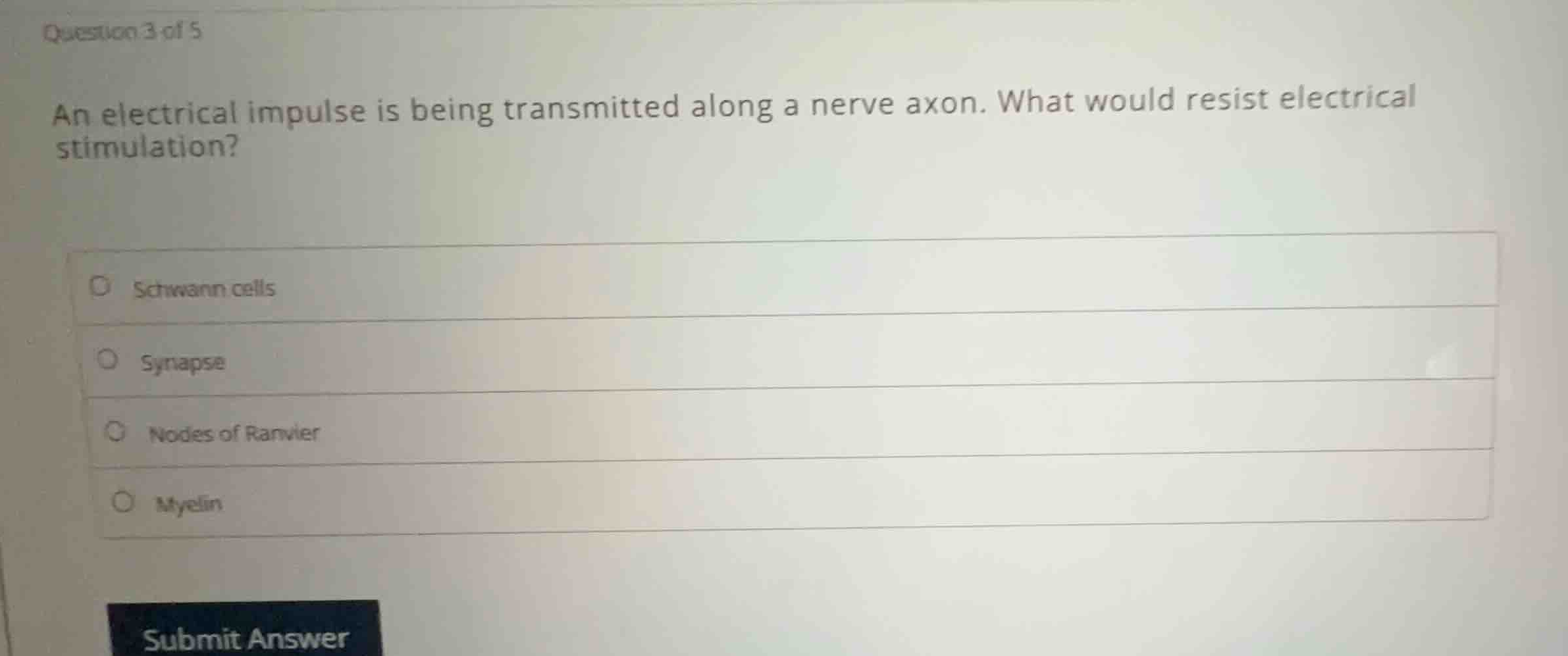 question 3 of 5 an electrical impulse is being transmitted along a nerv…