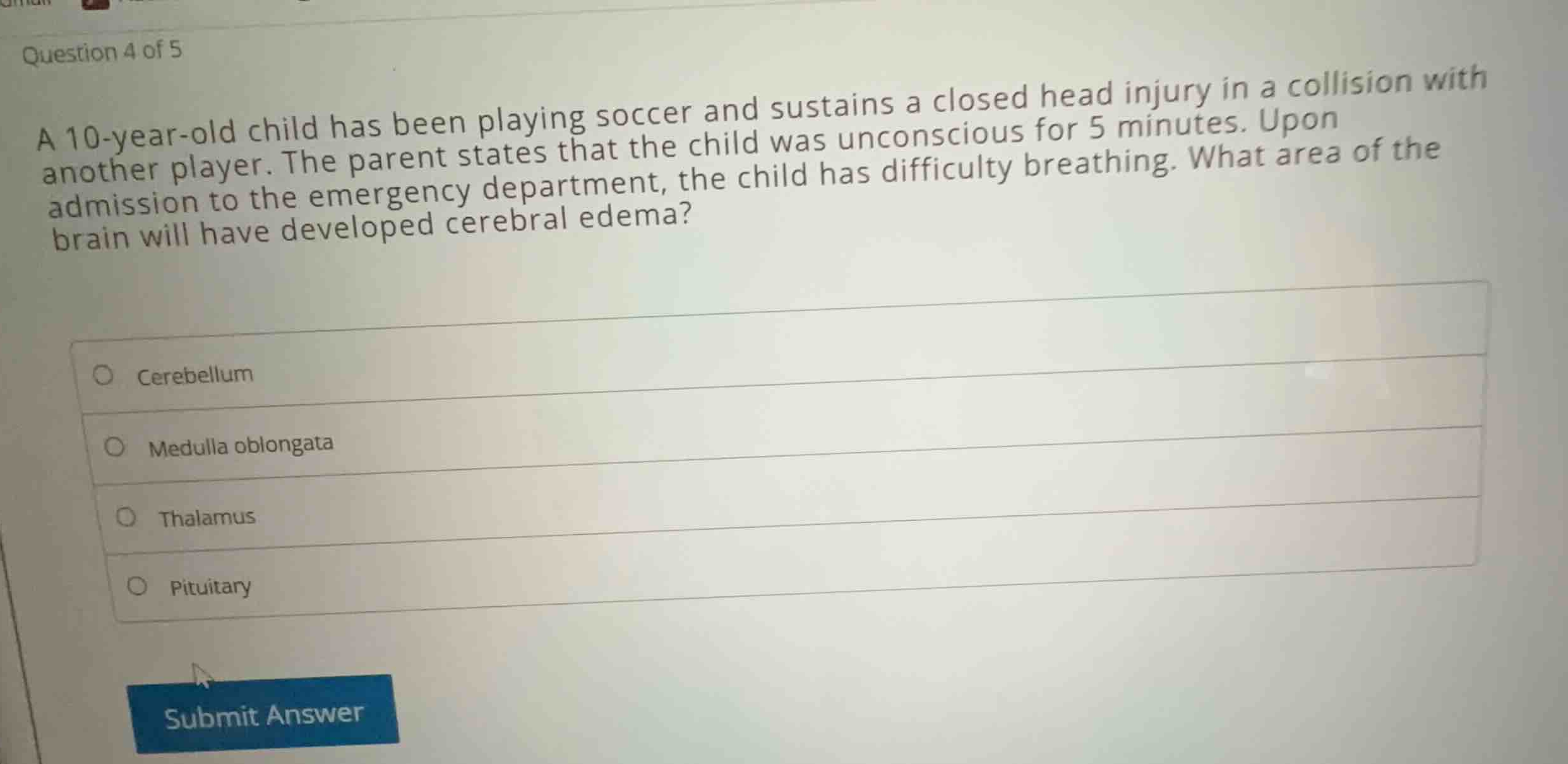 question 4 of 5 a 10-year-old child has been playing soccer and sustain…