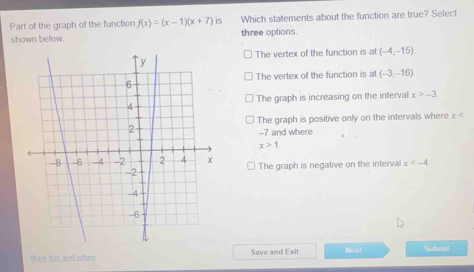 part of the graph of the function \\(f(x) = (x - 1)(x + 7)\\) is shown …