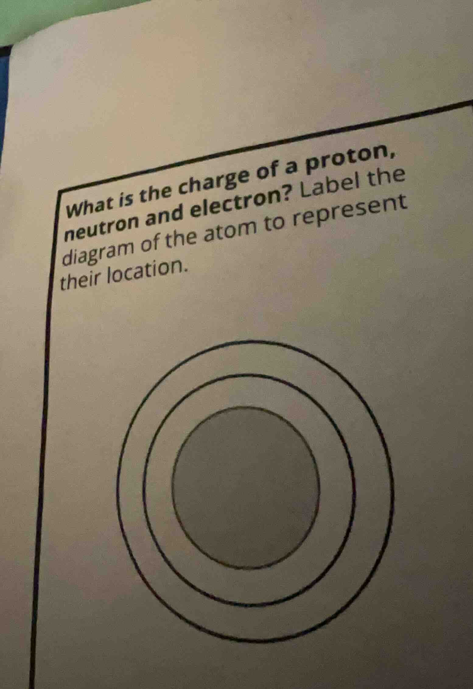 what is the charge of a proton, neutron and electron? label the diagram…
