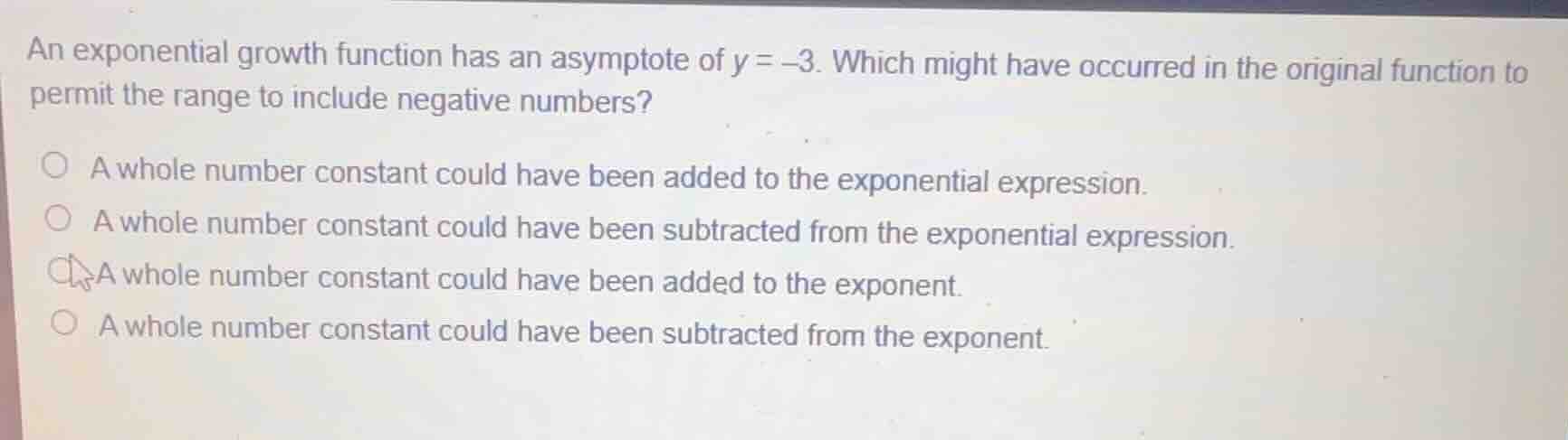 an exponential growth function has an asymptote of \\(y = -3\\). which …