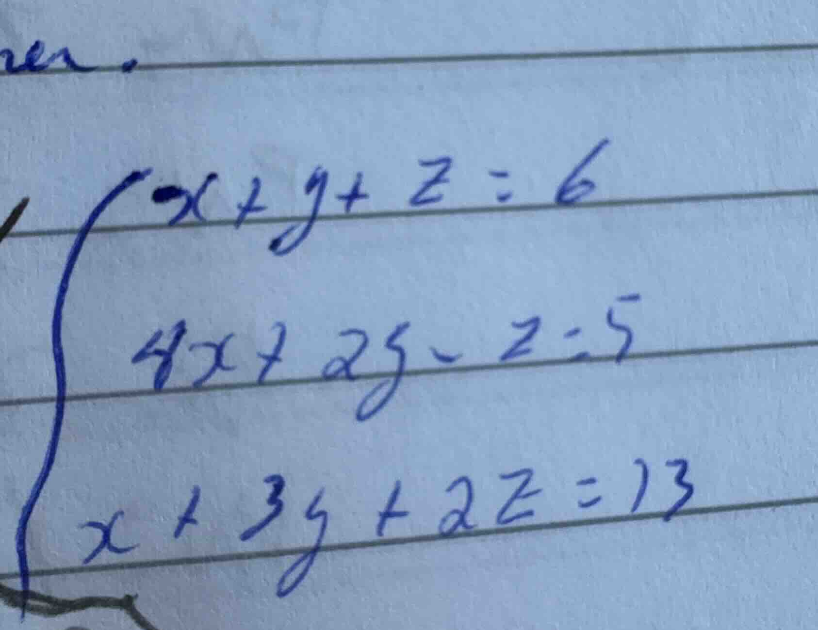 \\\\begin{cases} x + y + z = 6 \\\\ 4x + 2y - z = 5 \\\\ x + 3y + 2z = …