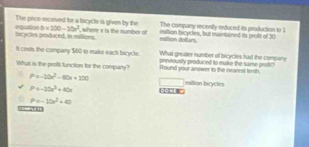 the price received for a bicycle is given by the equation (b = 100 - 10…