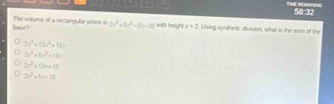 the volume of a rectangular prism is (2x^3 + 9x^2 - 8x - 38) with heigh…
