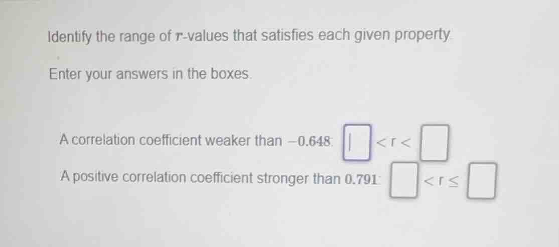 identify the range of \\(r\\)-values that satisfies each given property…