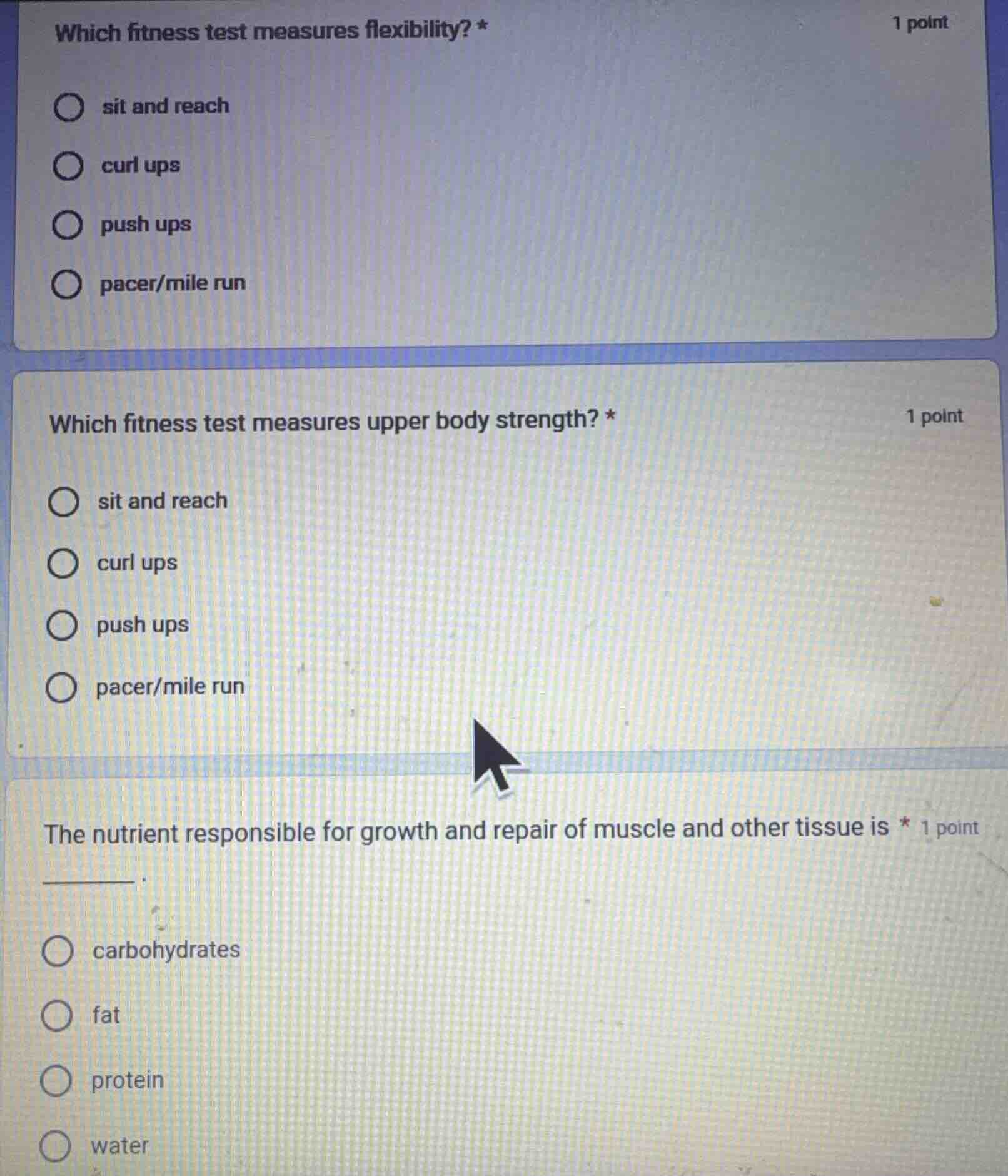 which fitness test measures flexibility? * sit and reach curl ups push …
