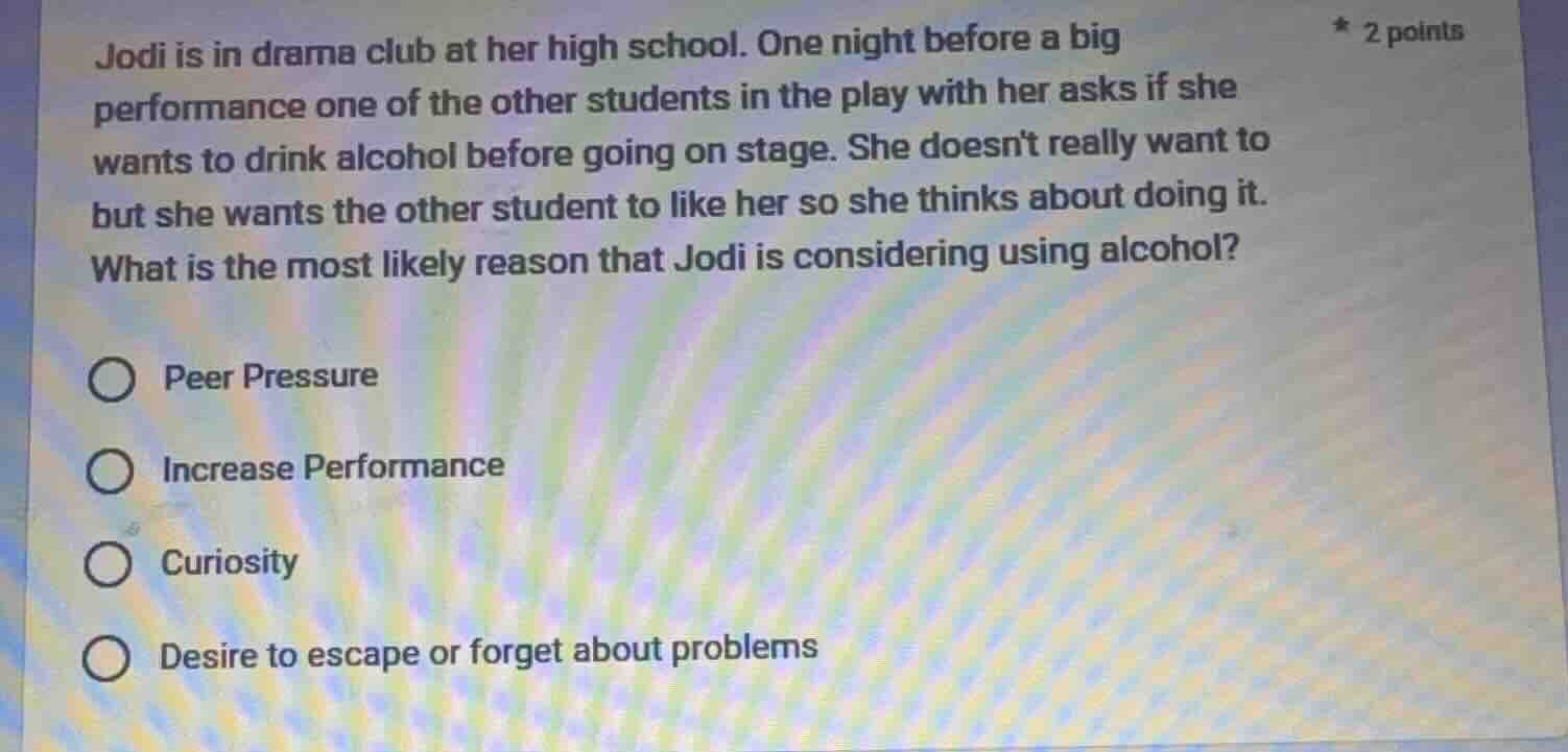 jodi is in drama club at her high school. one night before a big perfor…