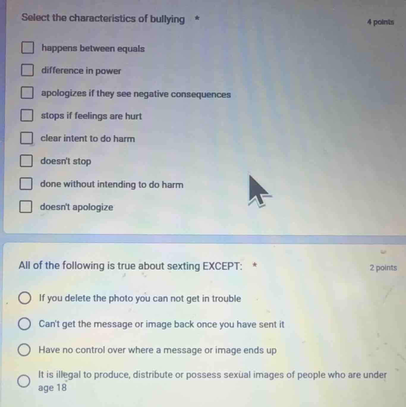 select the characteristics of bullying * happens between equals differe…
