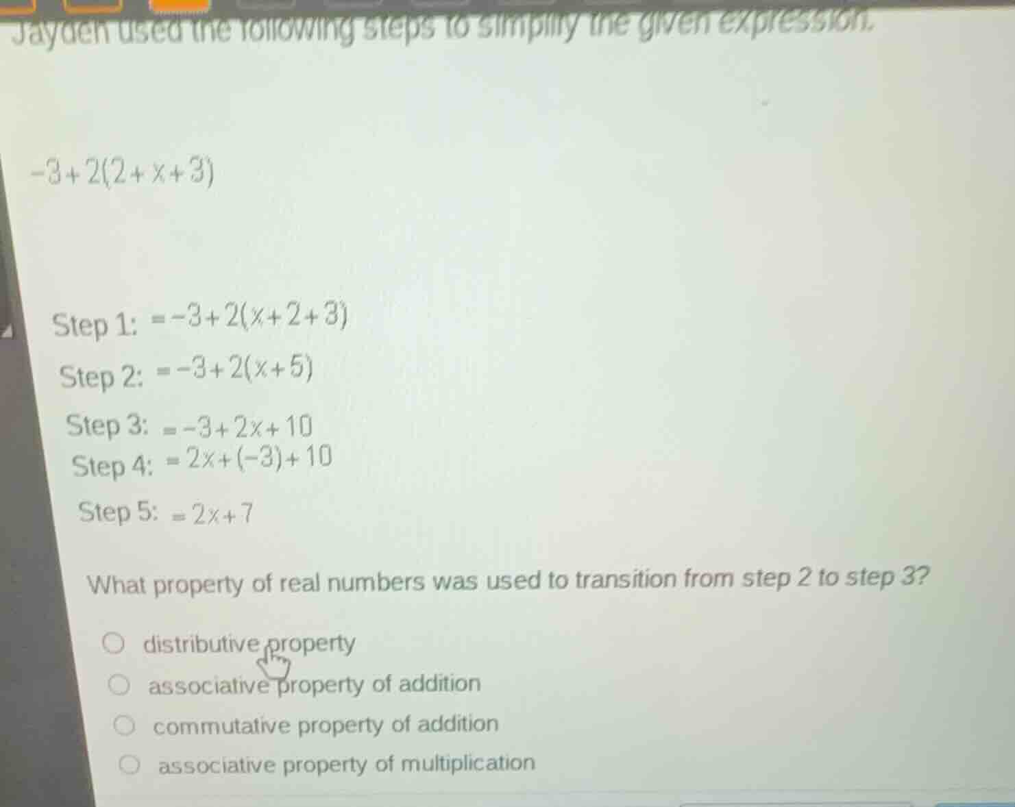 jayden used the following steps to simplify the given expression. (-3 +…