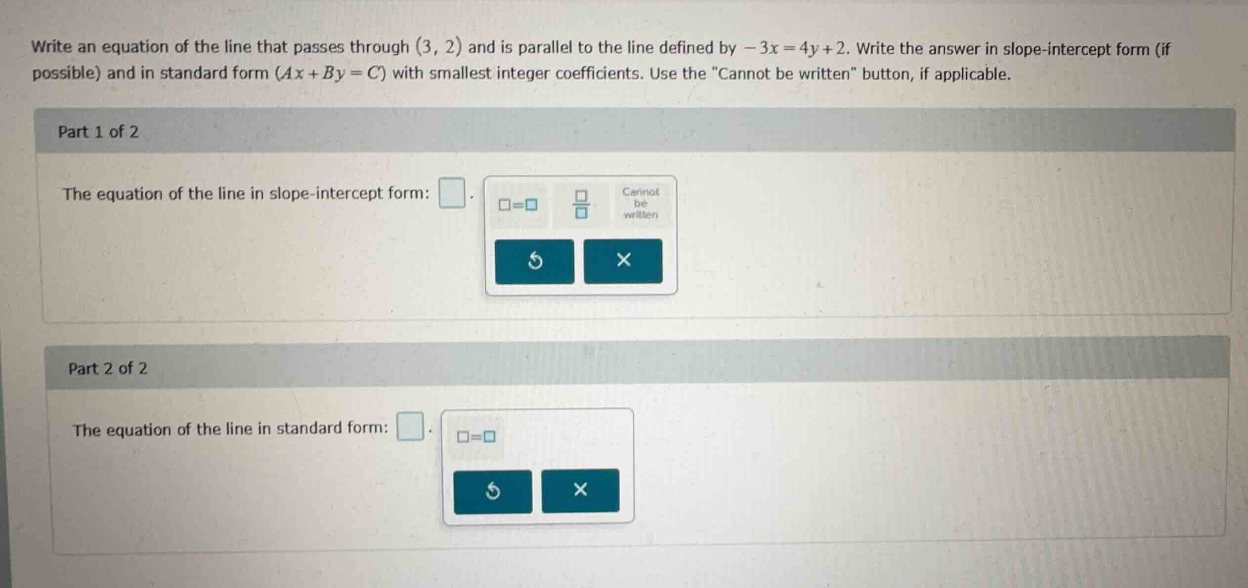 write an equation of the line that passes through \\((3, 2)\\) and is p…