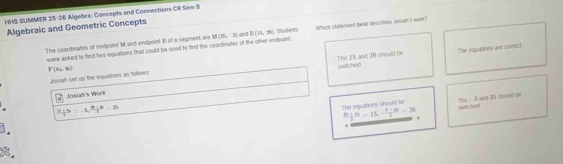 the coordinates of midpoint \\(m\\) and endpoint \\(e\\) of a segment a…
