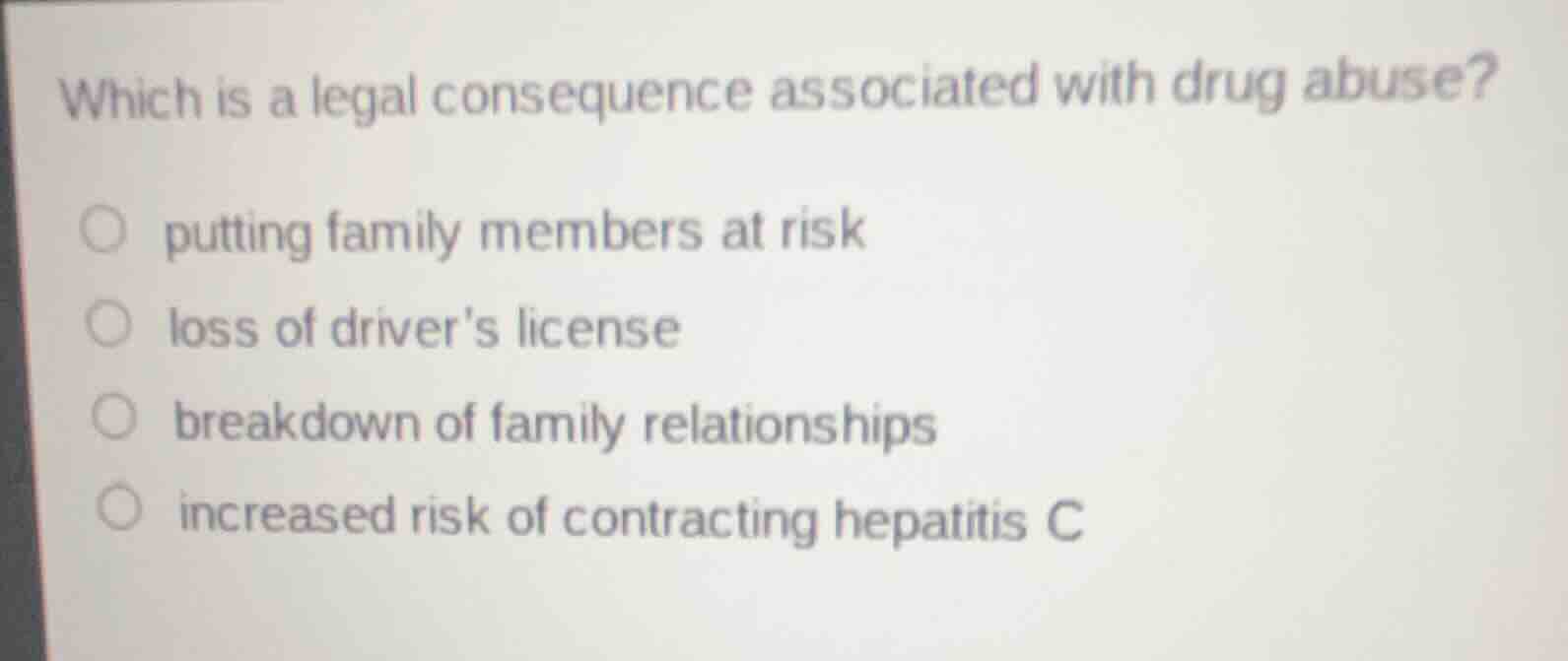 which is a legal consequence associated with drug abuse? putting family…