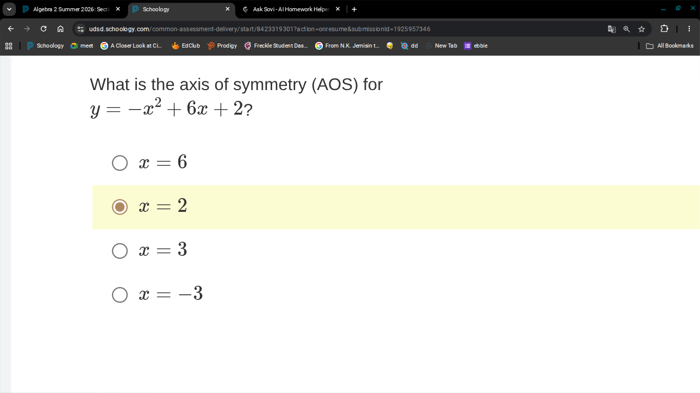 what is the axis of symmetry (aos) for (y = -x^2 + 6x + 2)? - (x = 6) -…