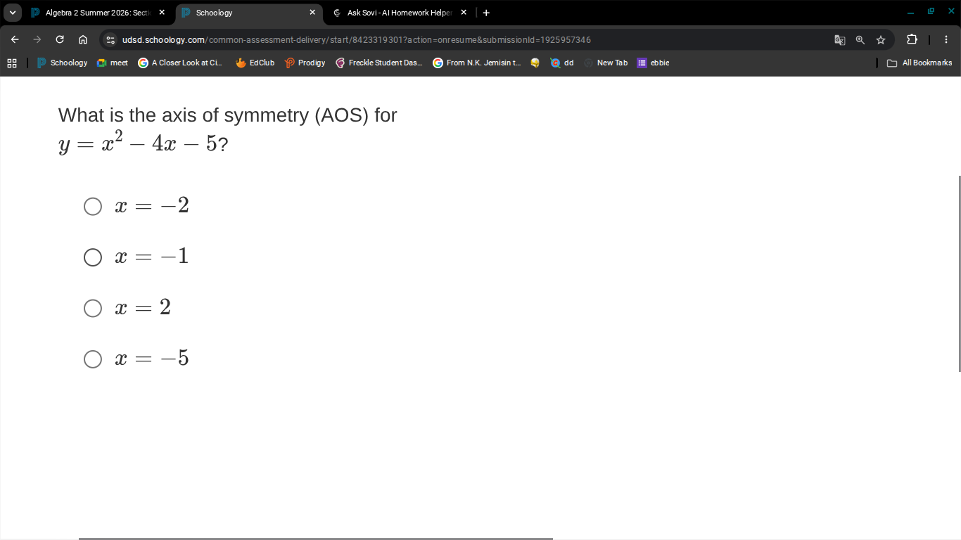 what is the axis of symmetry (aos) for (y = x^2 - 4x - 5)? - (x = -2) -…
