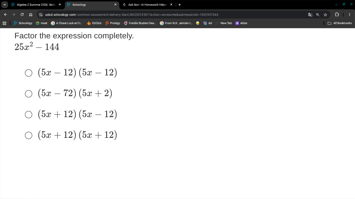 factor the expression completely. \\25x^2 - 144\\ - \\((5x - 12)(5x - 1…
