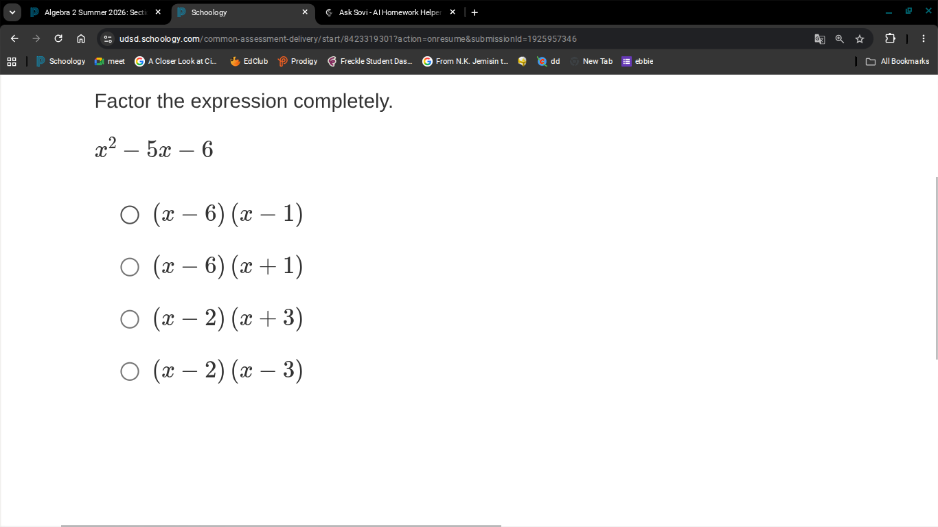 factor the expression completely. (x^2 - 5x - 6) ( ) ((x - 6)(x - 1)) (…