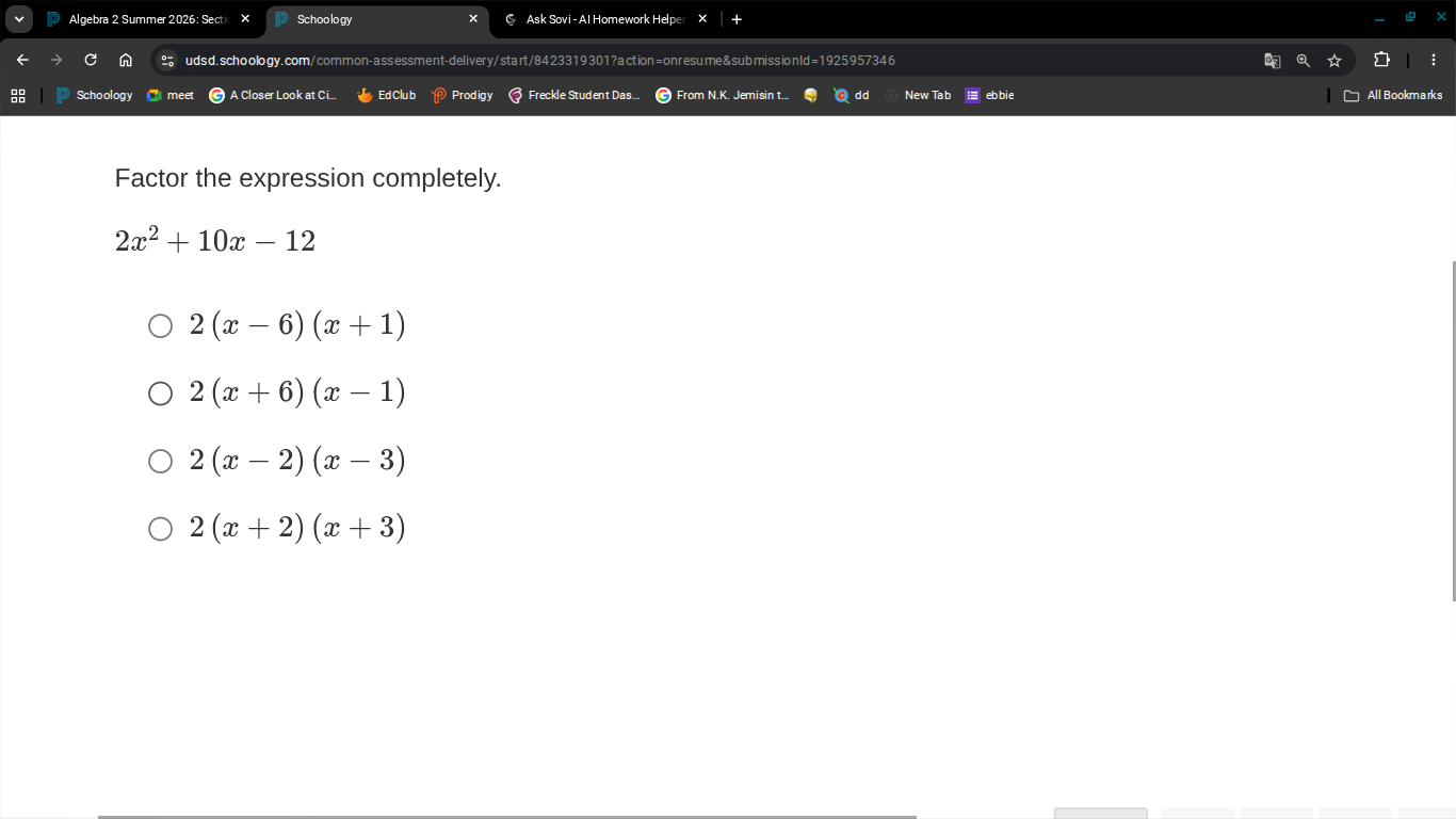 factor the expression completely. (2x^2 + 10x - 12) (2(x - 6)(x + 1)) (…