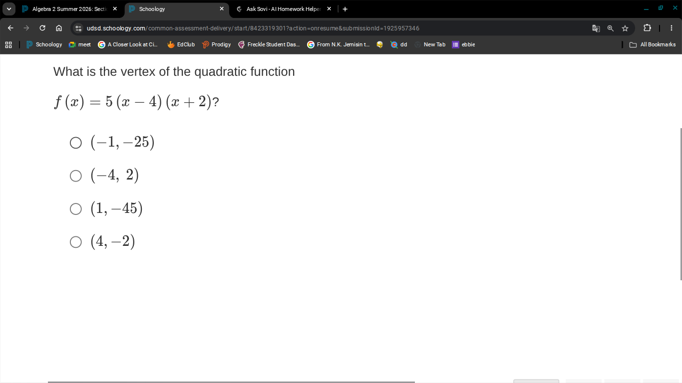 what is the vertex of the quadratic function \\(f(x) = 5(x - 4)(x + 2)\…