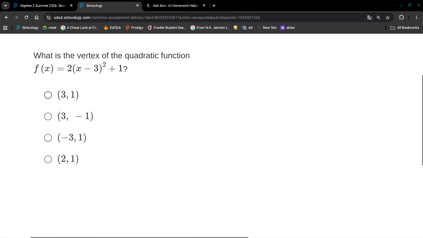what is the vertex of the quadratic function \\f(x) = 2(x - 3)^2 + 1?\\…