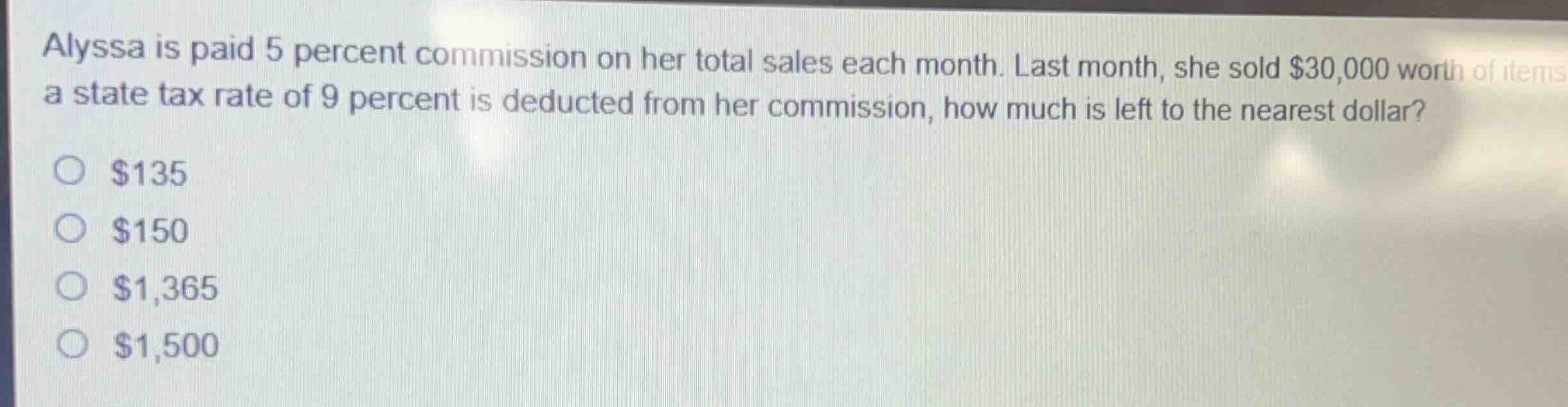 alyssa is paid 5 percent commission on her total sales each month. last…