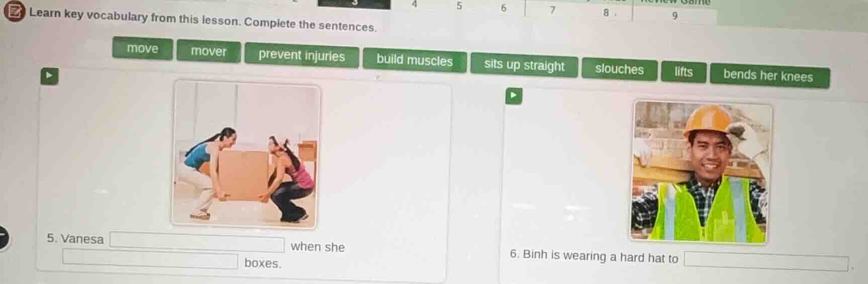 learn key vocabulary from this lesson. complete the sentences. move, mo…