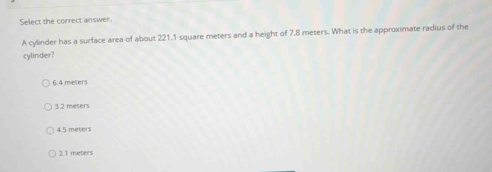 select the correct answer. a cylinder has a surface area of about 221.1…