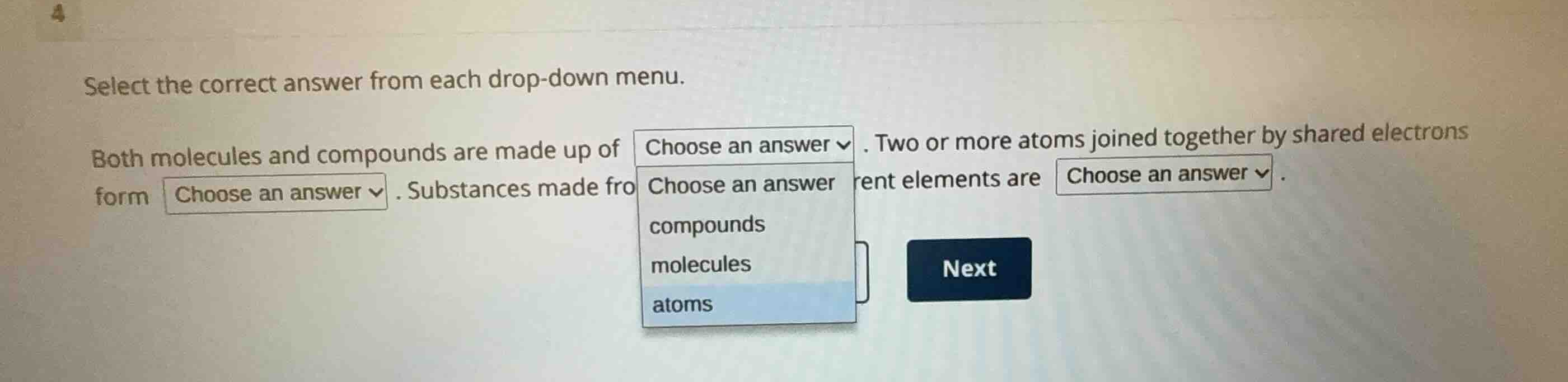 select the correct answer from each drop-down menu. both molecules and …