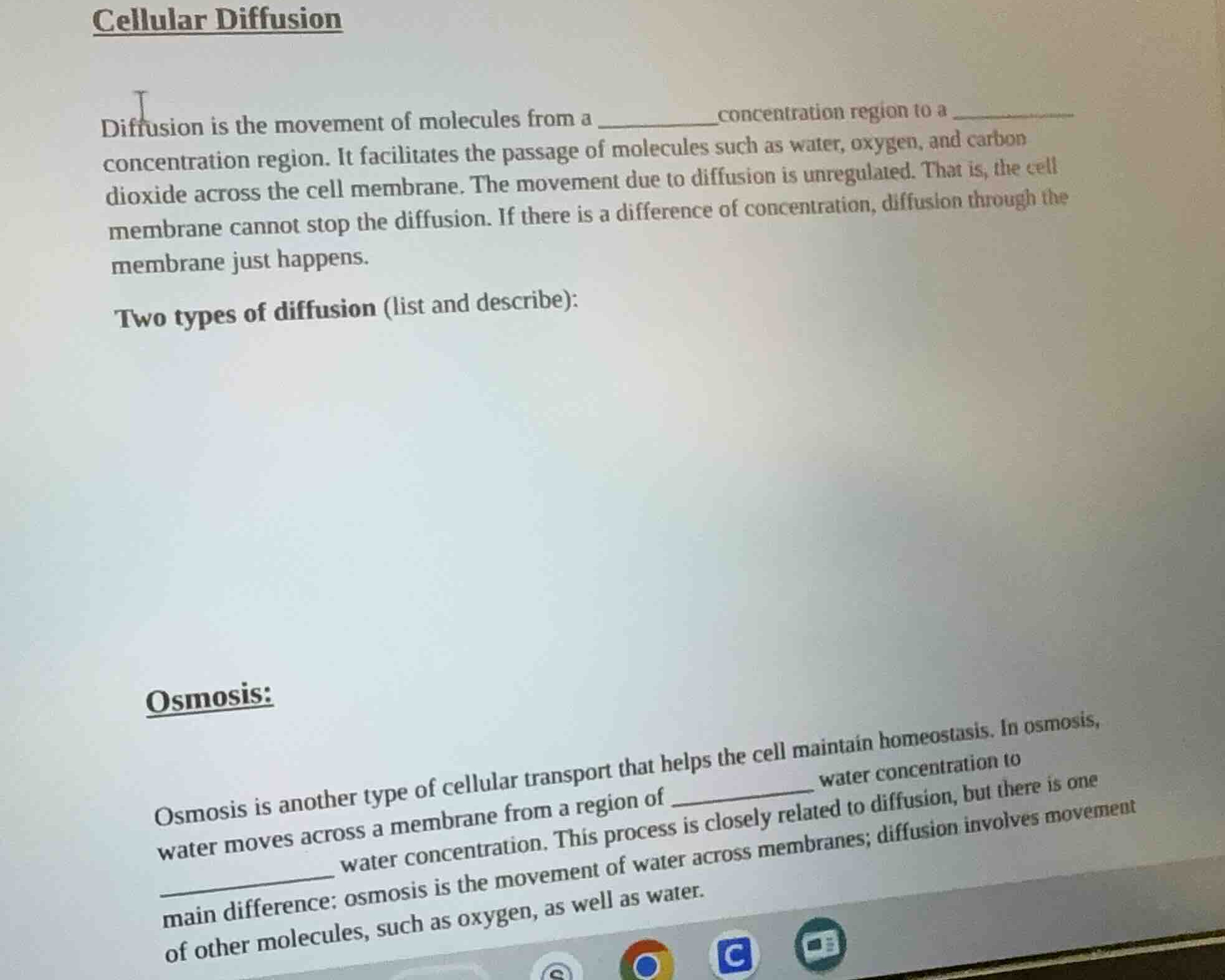 cellular diffusion diffusion is the movement of molecules from a ______…