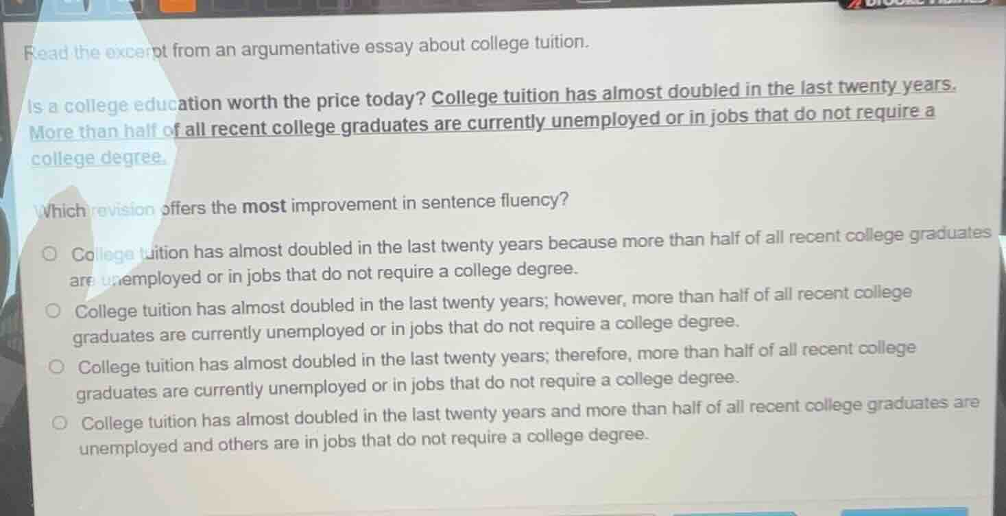 read the excerpt from an argumentative essay about college tuition. is …