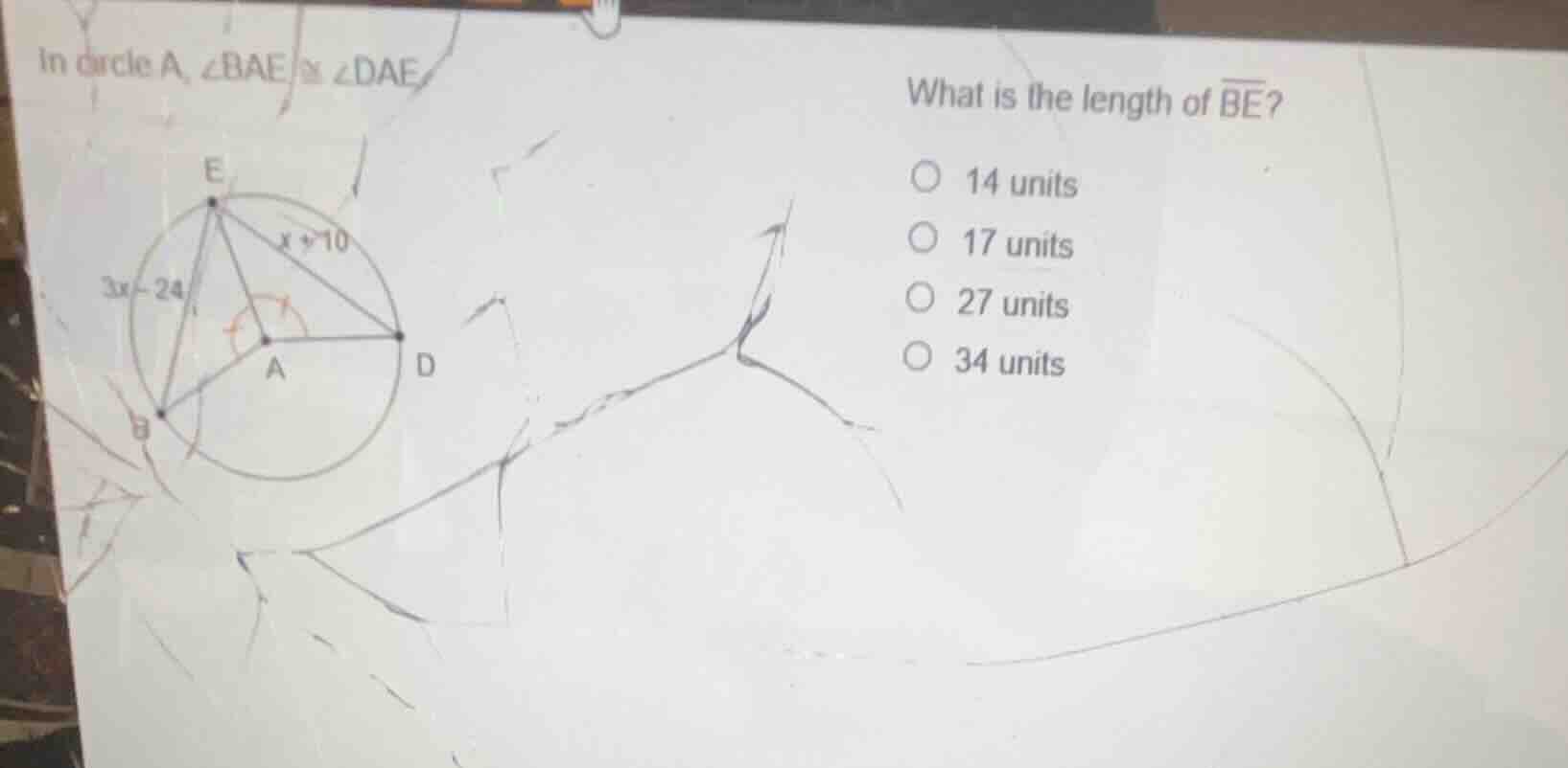 in circle a, \\(\\angle bae \\cong \\angle dae\\) what is the length of…