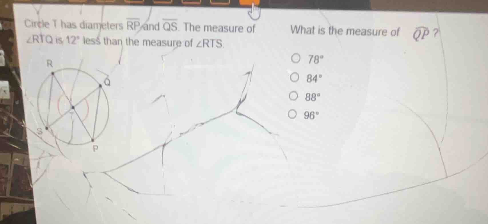 circle t has diameters \\(\\overline{rp}\\) and \\(\\overline{qs}\\). t…
