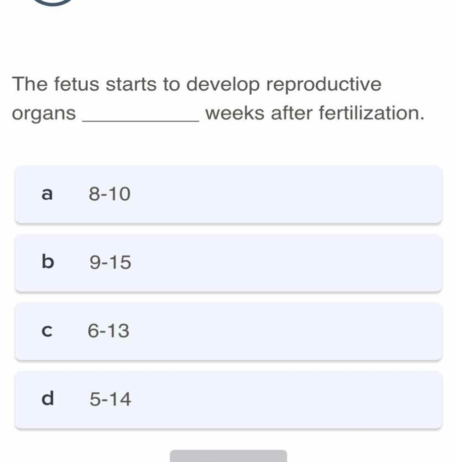 the fetus starts to develop reproductive organs _________ weeks after f…