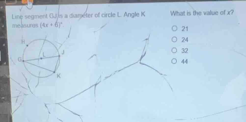 line segment gj is a diameter of circle l. angle k measures \\((4x + 6)…