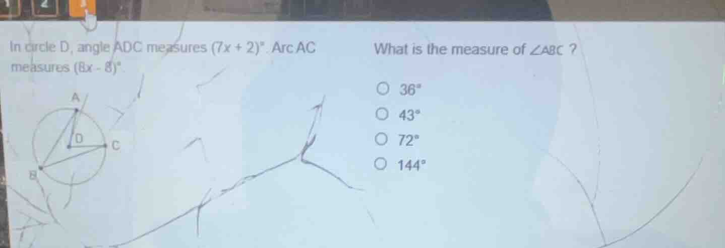 in circle d, angle adc measures \\((7x + 2)^\\circ\\). arc ac measures …