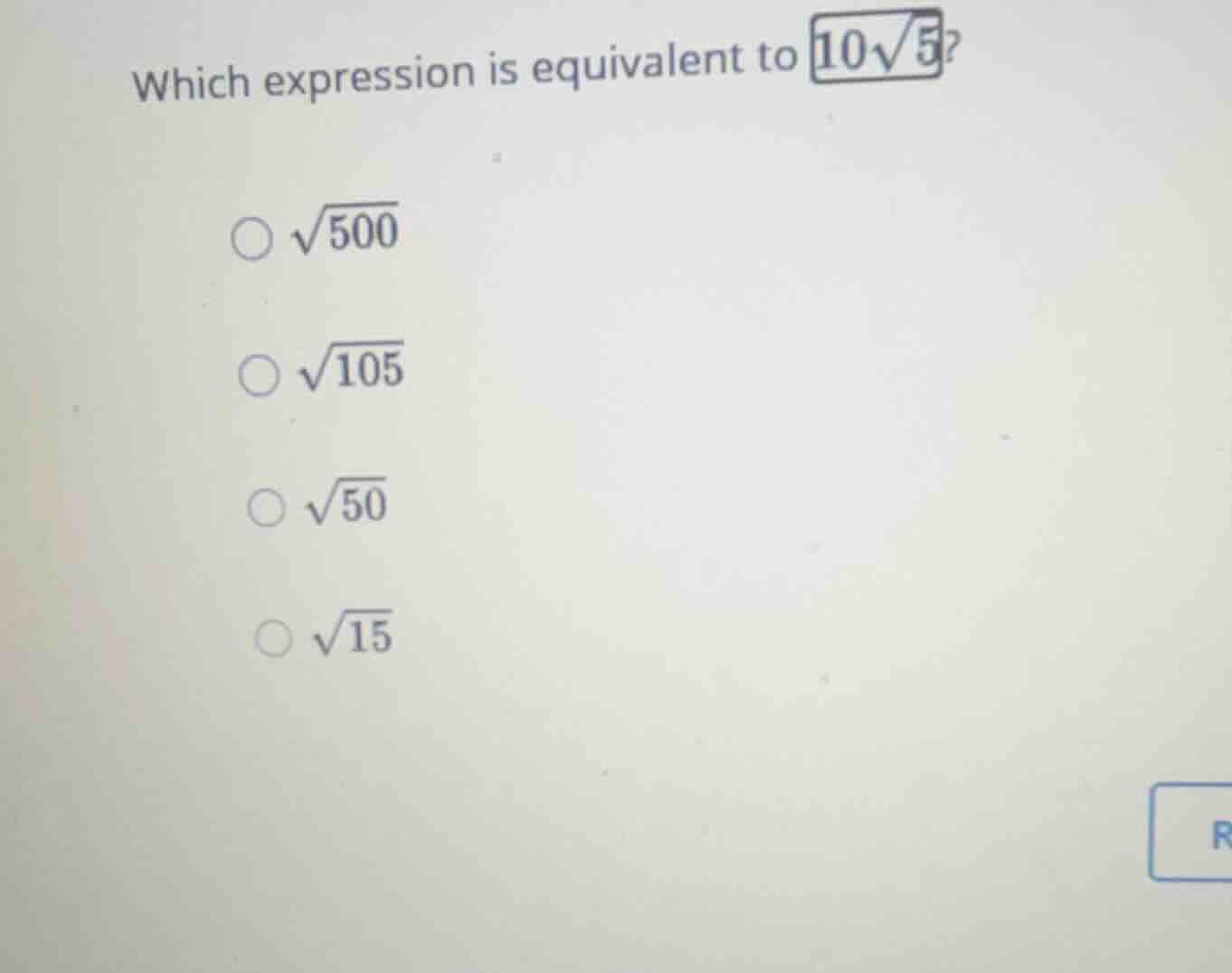 which expression is equivalent to \\(10\\sqrt{5}\\)? \\(\\bigcirc\\ \\s…