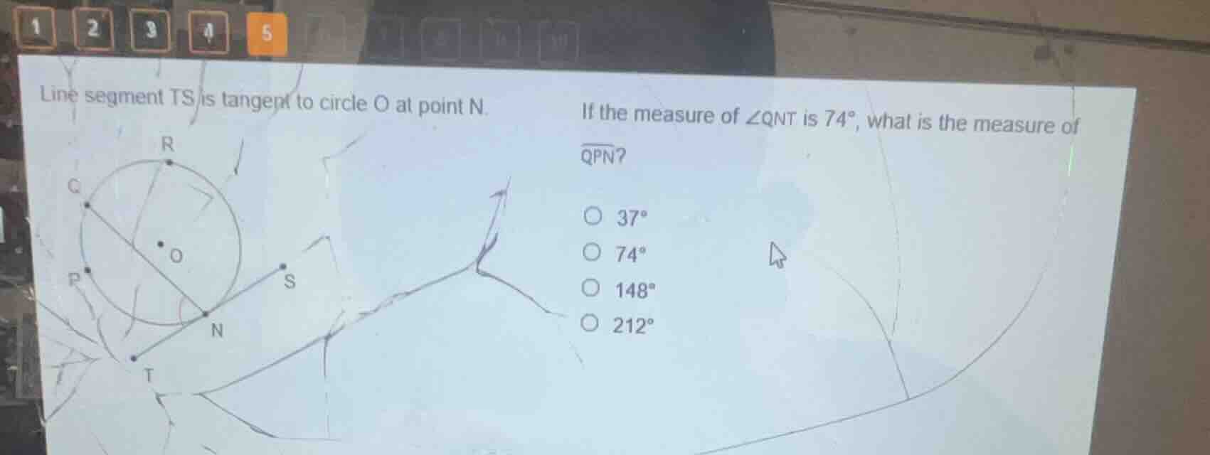 line segment ts is tangent to circle o at point n. if the measure of \\…