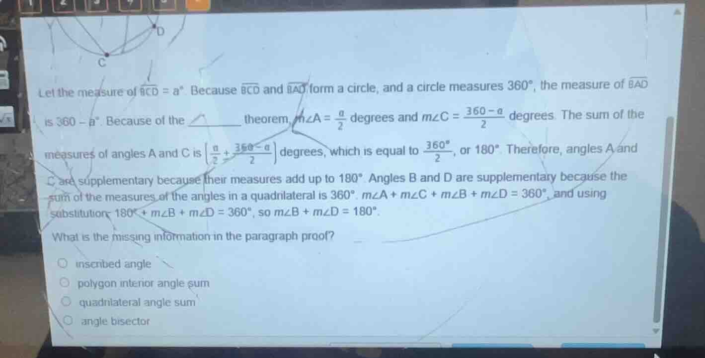 let the measure of \\(\\widehat{bcd} = a^{\\circ}\\). because \\(\\wide…