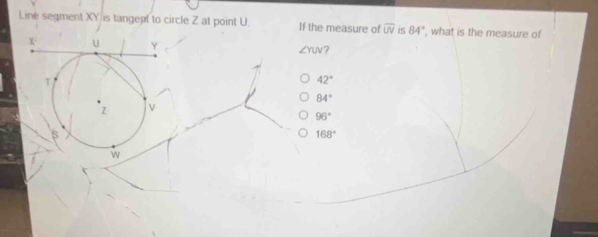 line segment xy is tangent to circle z at point u. if the measure of \\…
