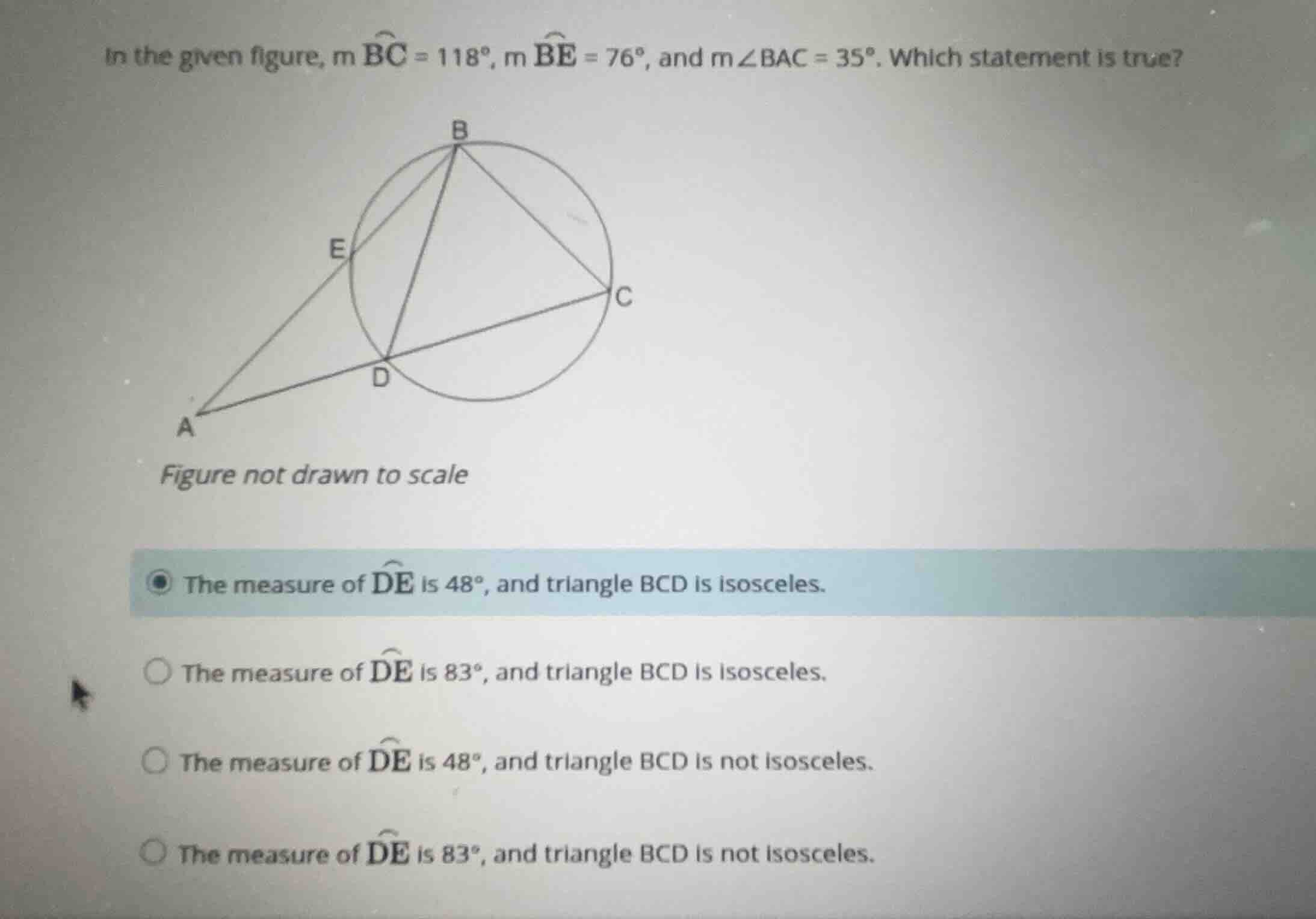 in the given figure, \\(m \\widehat{bc} = 118^{\\circ}\\), \\(m \\wideh…
