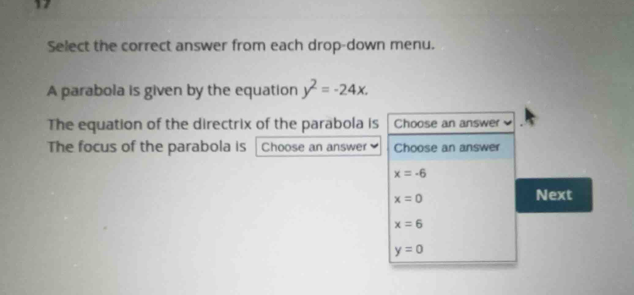 select the correct answer from each drop-down menu. a parabola is given…