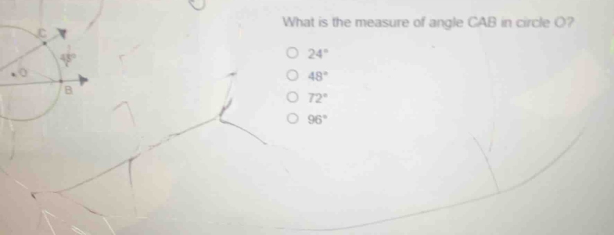 what is the measure of angle cab in circle o? \\(24^\\circ\\) \\(48^\\c…