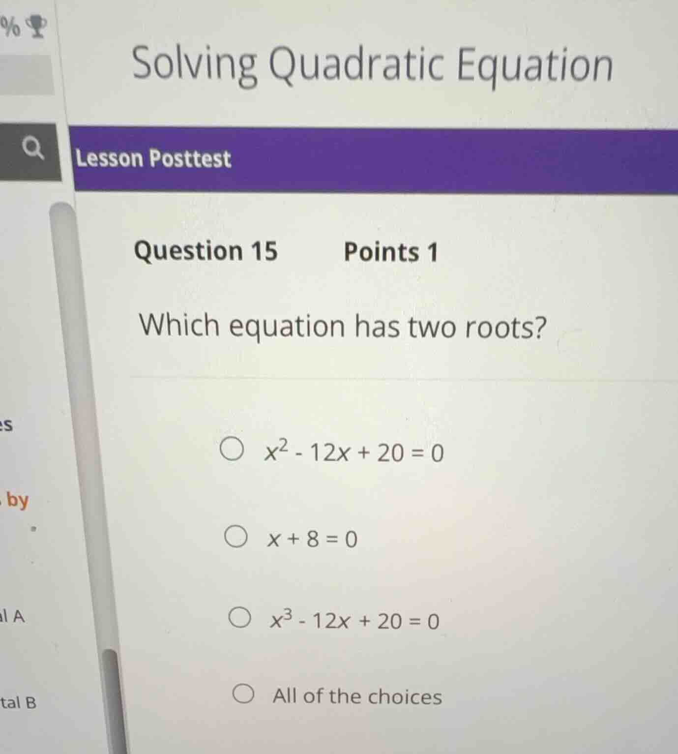 which equation has two roots? \\(x^2 - 12x + 20 = 0\\) \\(x + 8 = 0\\) …